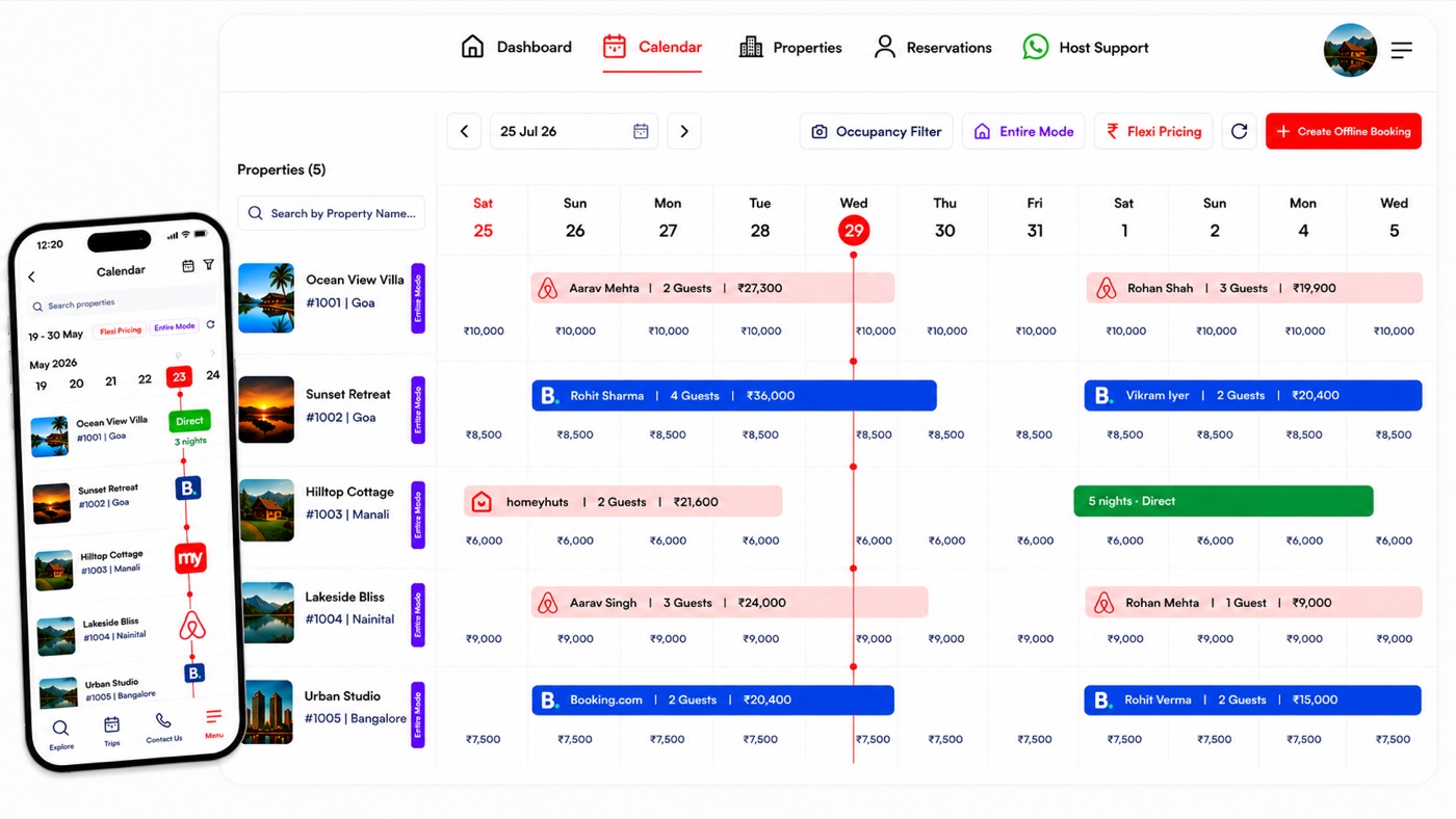 Homeyhuts Unified Calendar — every property and every booking in one grid
