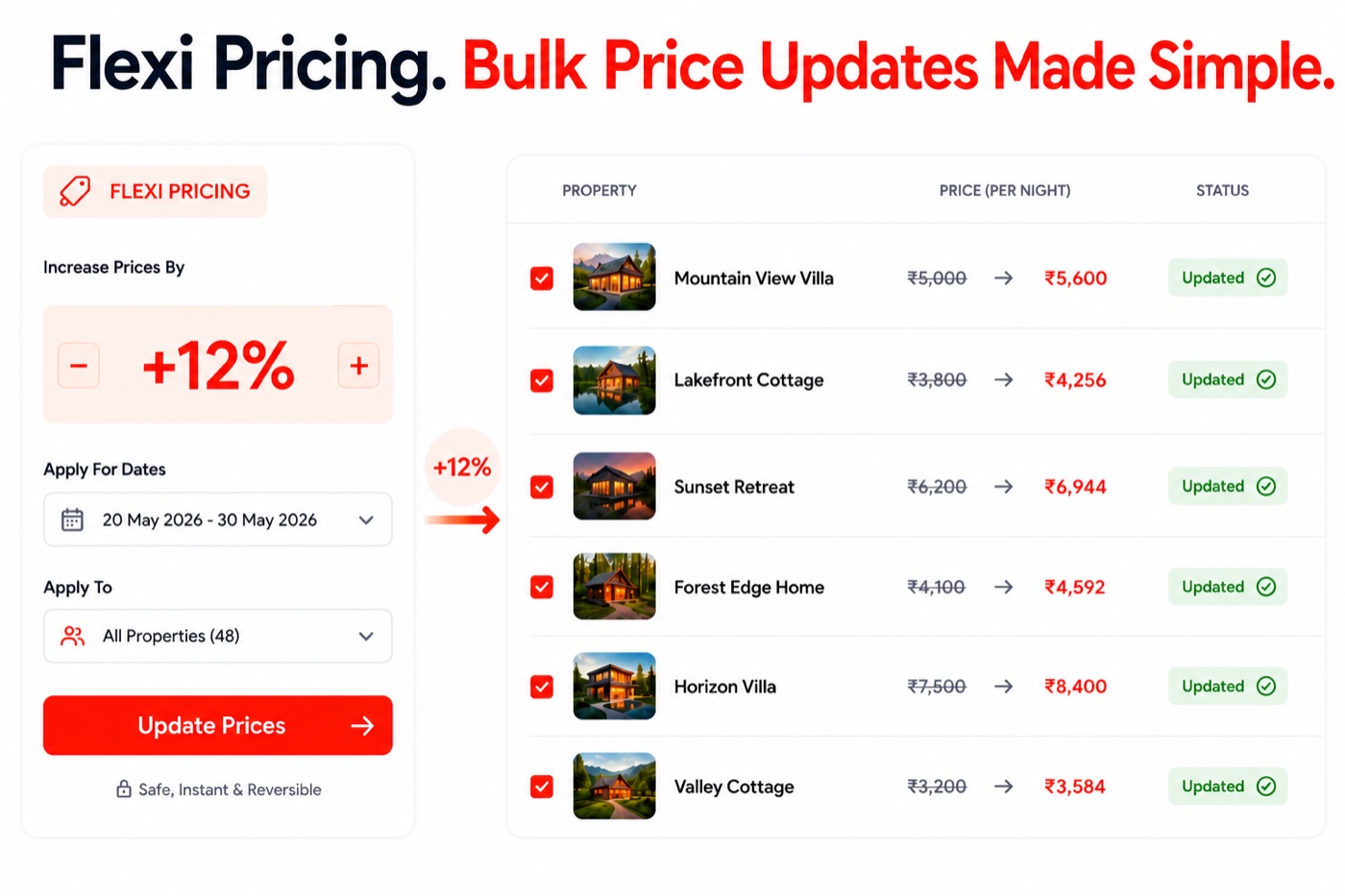 Homeyhuts Flexi Pricing — bulk % pricing across the unified calendar