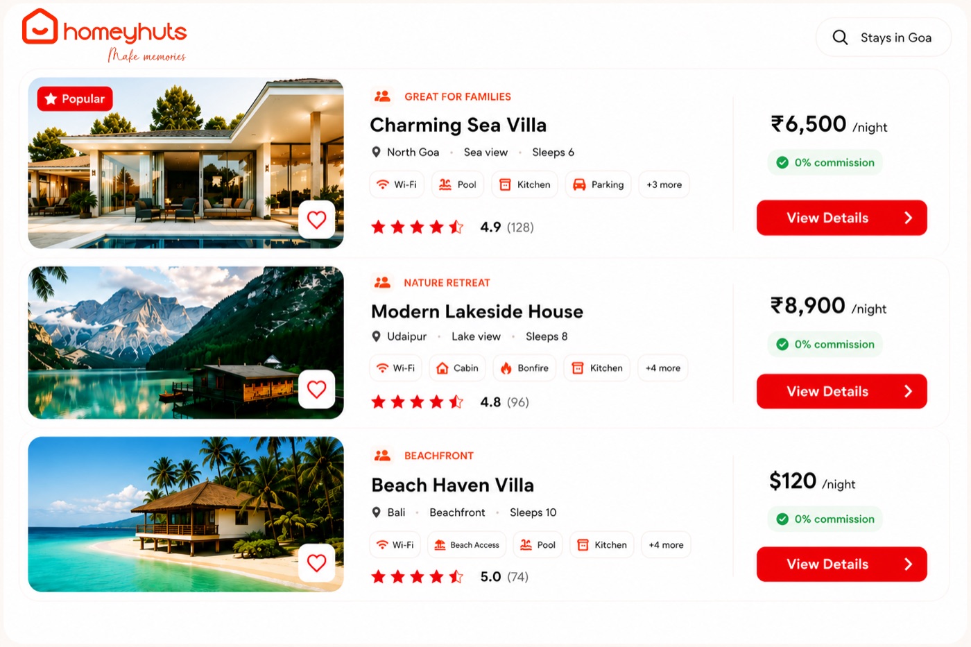 Homeyhuts marketplace — verified homestays and villas listed with 0% commission